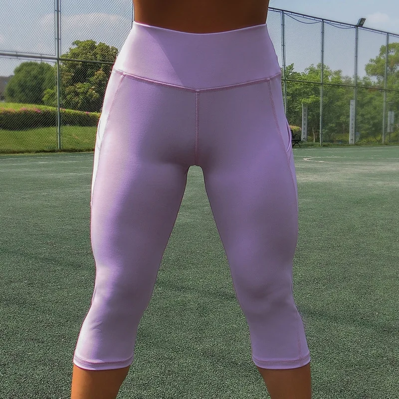 

New Sexy High Waist Workout Leggings Women Elastic Slim Fitness Legging Athletics 3/4 Capri Training Trousers with Side Pocket