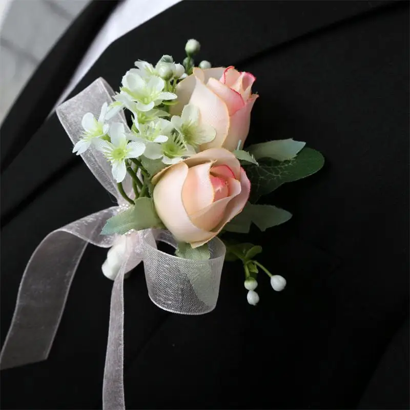 Artificial Rose Flower Groom Boutonniere Corsage Wedding Flowers Men Suit Decor 