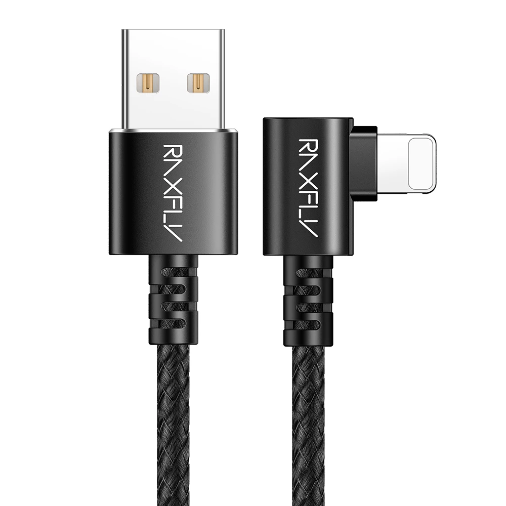 RAXFLY 1 м 2.1A 90 градусов USB кабель для передачи данных для iPhone X XS MAX XR 8 7 6s 5 iPad быстрой зарядки кабель мобильного телефона Зарядное устройство Шнур питания Кабель - Цвет: Черный