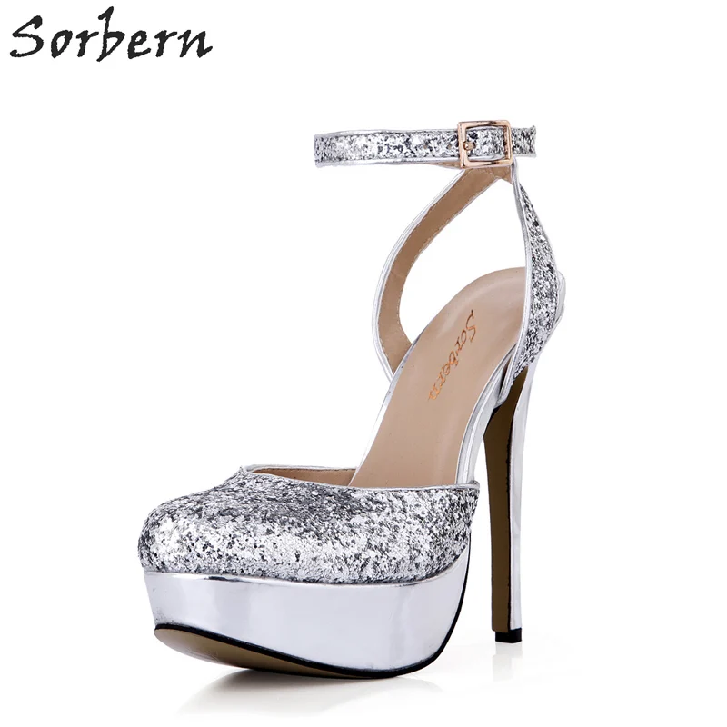

Sorbern Fashion Ankle Straps Round Toe Slingback Women Pumps High Heels Platform Glitter Shoes Women Dress Shoes Heels 2018