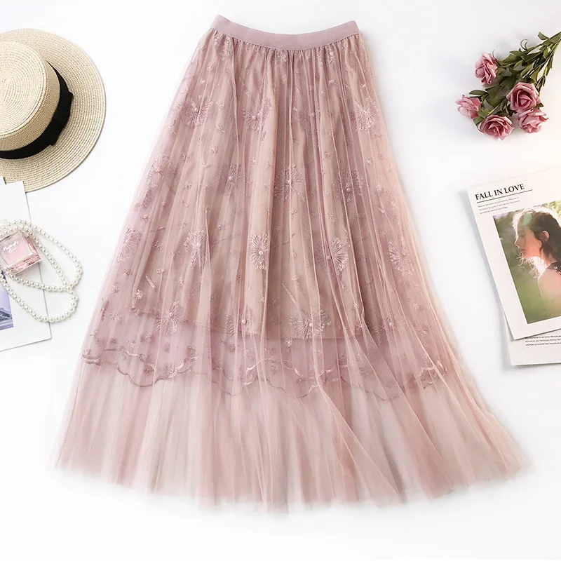 Floral Embroidery Pleated Skirt High Quality Beading Lace Mesh Skirt Women Elegant Tulle Long Skirt Summer Woemn pleated Skirt Floral Embroidery Pleated Skirt High Quality Beading Lace Mesh Skirt Women Elegant Tulle Long Skirt Summer Woemn pleated Skirt