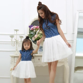 

Mom and Daughter Dress Matching Clothes 2020 Blue White Dress for Kids and Women Summer Family Outfits Mother Daughter Dresses