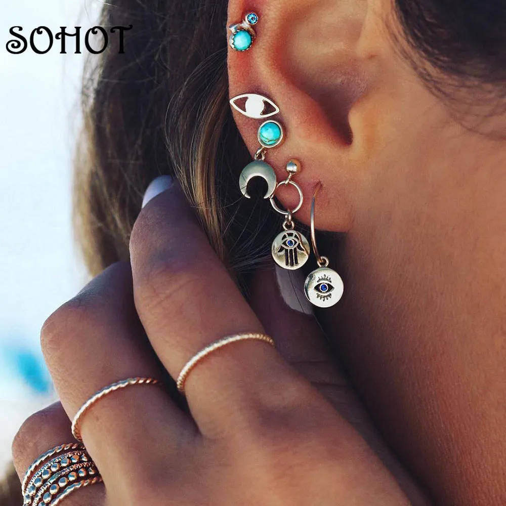 

SOHOT Boho Style Charming 5 PCS Women Set Stud Earrings Exquisited Crystal Turkish Stone Gold Color Alloy Women Wedding Brincos