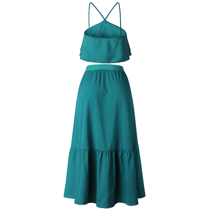 Black Green Halter Neck Crop Tops A-Line Skirt Suit Set Two Piece Set Lady Elegant Skirt Set Sexy Woman Beach Dress Boho Suit