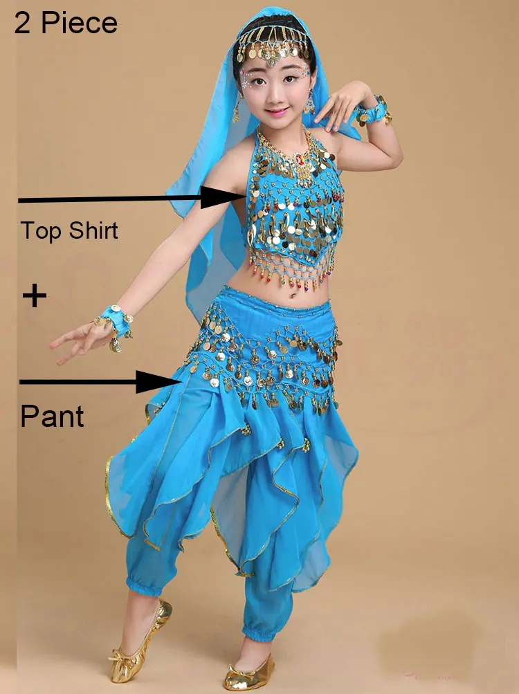 Костюм для танца живота для девочек, детское платье для индийского танца, Детские Танцевальные Костюмы Болливуда для девочек, танцевальная одежда для выступлений, 6 цветов - Цвет: Lake Blue 2 Piece