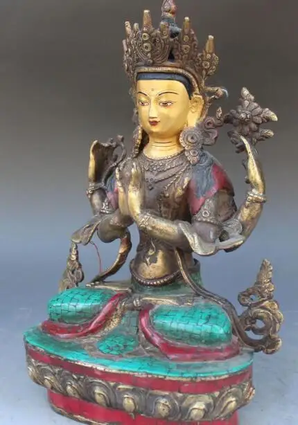 

S2238 12"Tibet Nepal 100% Bronze Gold Turquoise Coral 4-Arms Chenrezig Buddha Statue
