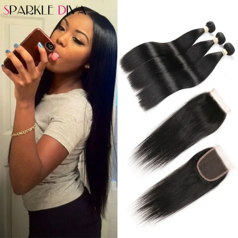 Peruvian Virgin Hair with Closure 3 Bundles Peruvian Virgin Hair Straight With Closure 8A Grade Human Hair Weave with Closure