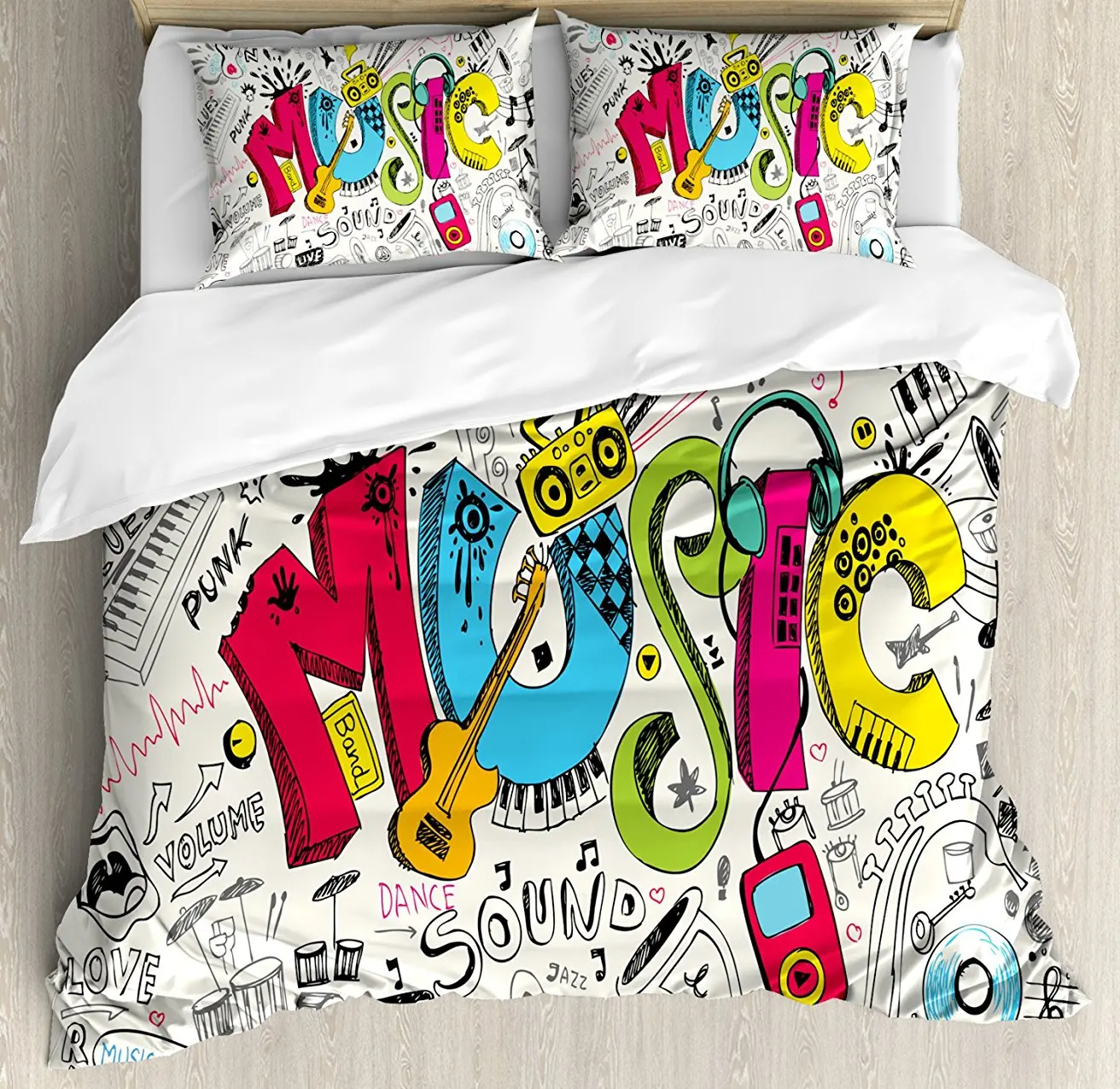 Music Duvet Cover Set Pop Art Featured Doodle Style Musical Background with Instruments Sound Illustration 4pcs Bedding | Дом и сад