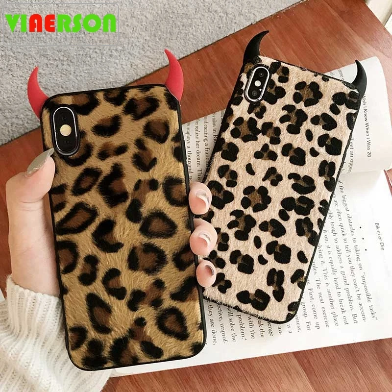 VIAERSON Devil Horn Cases For iPhone XS Max XR 6 6S 7 8 Plus Vintage Leopard Print Full Body Soft Fluffy Phone Back Cover |