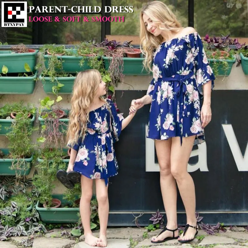 100p Summer Mother&Daughter Parent-child Dress Family Matching Outfits Women Half Sleeve Loose Dress Kid Girl Print Lacing Dress