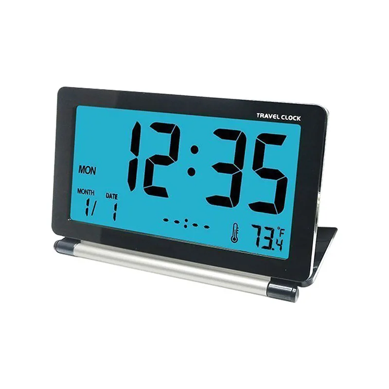 Mrosaa дорожный будильник с ЖК-дисплеем, Мини цифровой Настольный складной электронный будильник, часы с синей подсветкой, повтор, календарь - Цвет: Черный