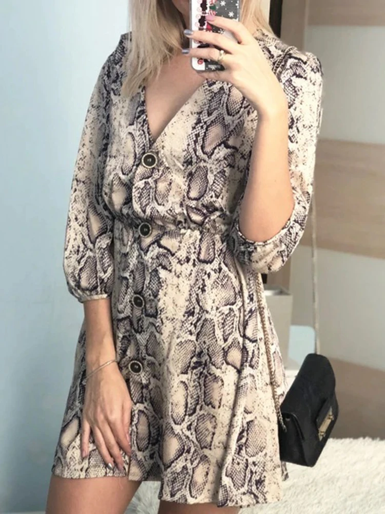 

Snakeskin Print Dress 2019 V-Neck Women High Street A-Line Dresses Half Sleeve Button Mini Dress