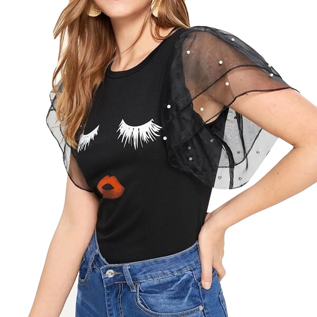 

Women's Lace Short Sleeve Shirt summer eyelash Lipstick mouth printed Tops Loose Blouses Fashion Women's Clothes Plus Size