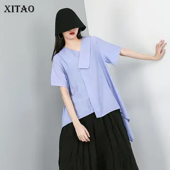 

XITAO Irregular T Shirt Women Clothes 2019 Pleated V Neck Patchwork Wild Joker Summer New Elegant Lager Size Korea WBB4254