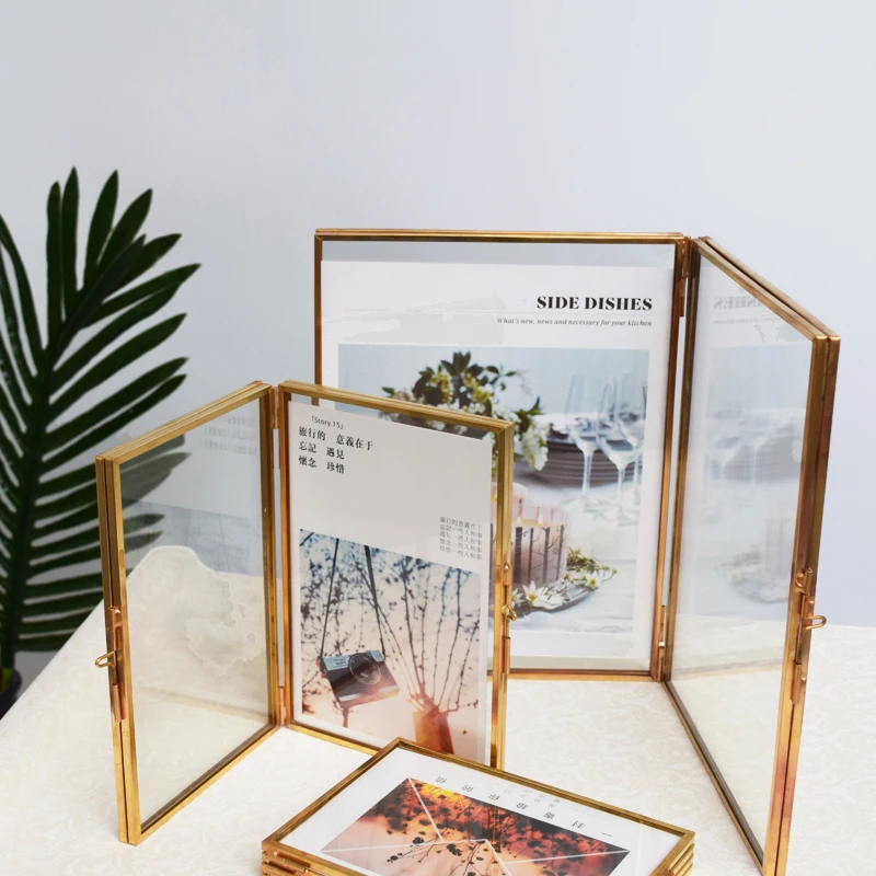 Folded double sided glass metal photo frame, botanical specimen holder, electroplated gold