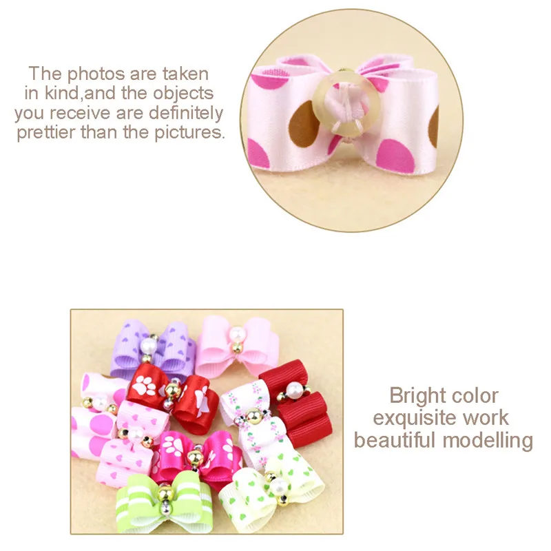 10pcs Dog Cat Hair Bows With Rubber Bands Rhinestone& Flower Grooming Accessories Pet Hair Headwear