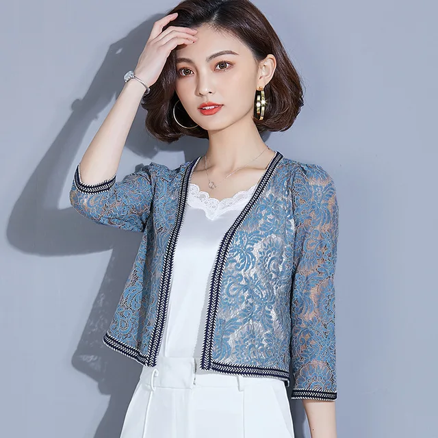 2772 Summer Jacket Shawl Half Sleeve Lace Hollow Out Thin Short Coat