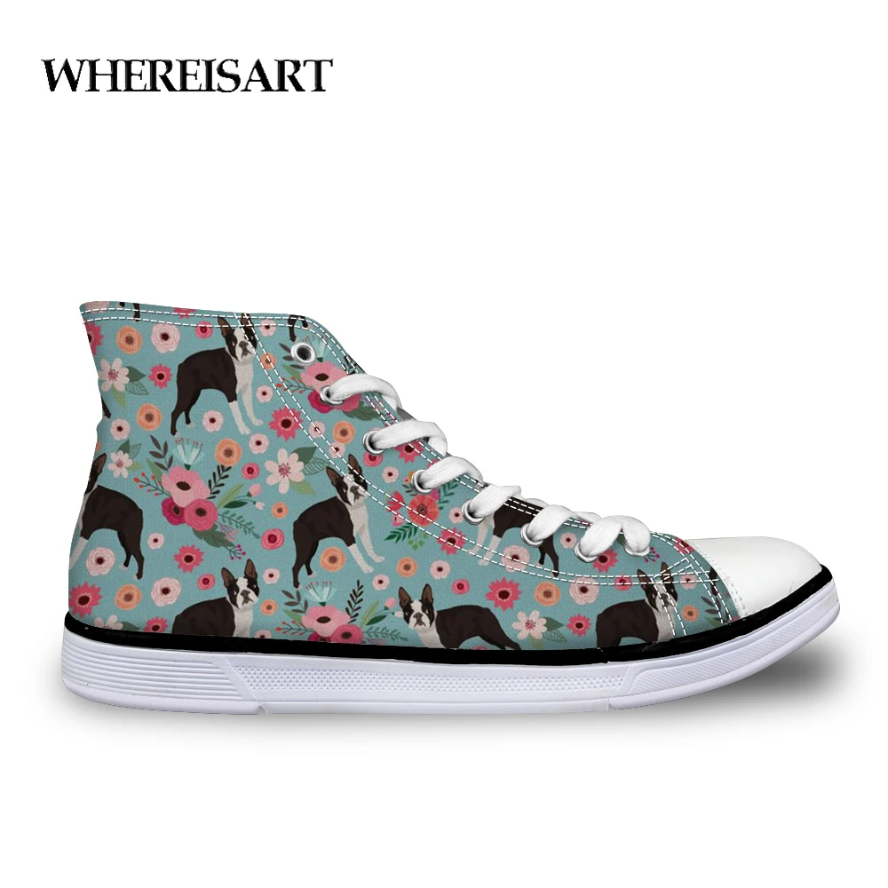 

WHEREISART Boston Terrier Printing Vulcanize Shoes Women Casual High Top Canvas Shoe Female Lace Up Flower Abstract Pup Sneaker