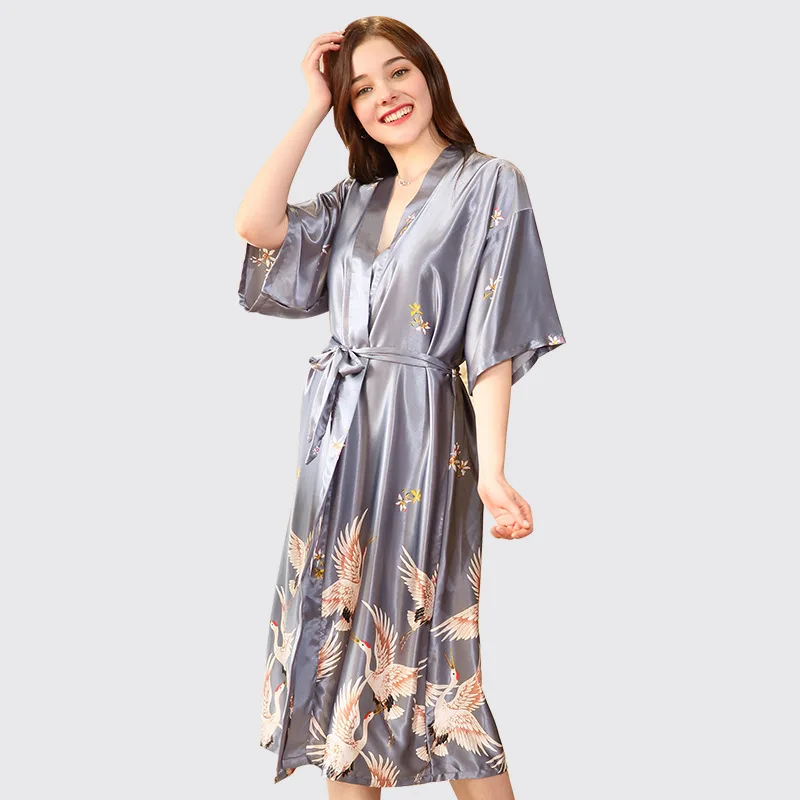 Новый стиль дамские пикантные атласные халат платье Для женщин элегантный печати Ночные сорочки халат-кимоно цветок рубашки плюс Размеры