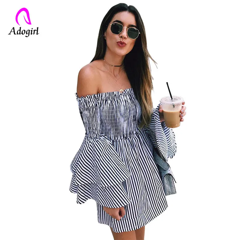 Adogirl slash neck ruffles patchwork blue striped shirts wide ruffles sleeve strapless blouse long sleeve women leisure outfits