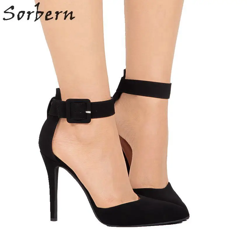 

Sorbern Women Black Pumps Faux Suede Buckle Strap Pointed Toe Plus Size Ladies Party Shoes Custom Color Pumps Shoes
