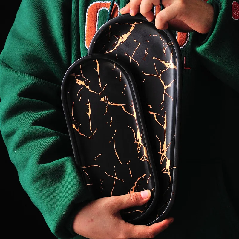 Cheap European Style Marble Plates Ceramic Dinner Set Gold Inlay Porcelain Dessert Jewelry Plate Steak Salad Cake Plates Tableware