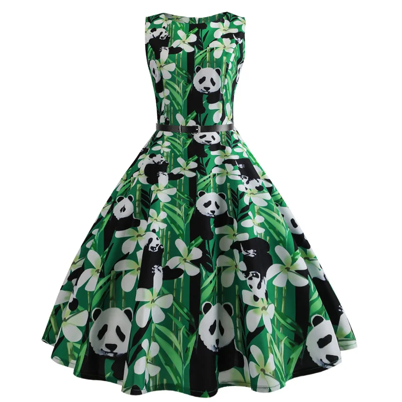 Kostlich O-Neck Butterfly Panda Print Dresses Summer Hepburn Vintage Dress Women Big Swing Dress Plus Size S-2XL With Sashes (9)