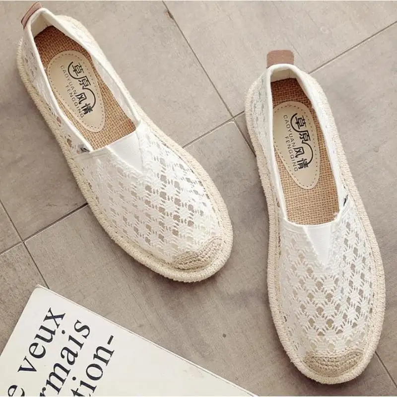 

2019 Summer New Lace Flat Shoes Women Canvas Fisherman Lazy Loafers Lightweight Breathable Soft Leisure Shoes