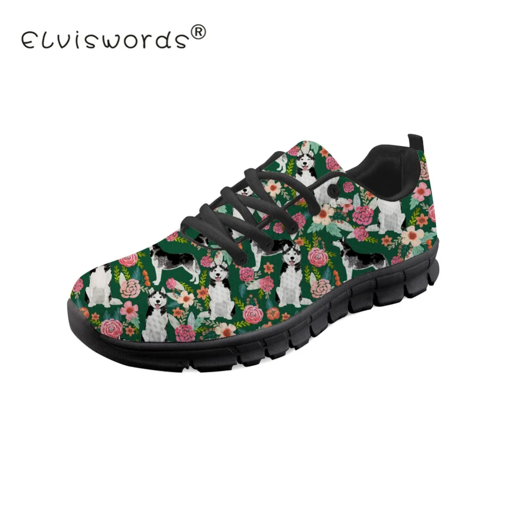 

ELVISWORDS Women Flats Lace-up Loafers Husky Pattern Women Casual Shoes Outdoor Flats Breathable Mesh Women Shoes Sneakers Black