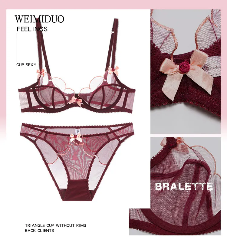 red bra set Transparent Bra Petal Shape Sexy Lingerie Set Underwire Bow Decoration Underwear Women Sexy Mesh Bra Set Seethrough lace bra panty set