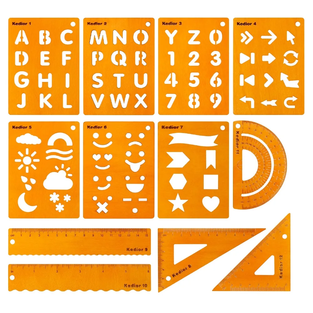 

Bullet Journal Accessories,12 Pieces Wooden Planner Stencil and Math Geometry Tool Wooden Ruler Sets for DIY Drawing Templates
