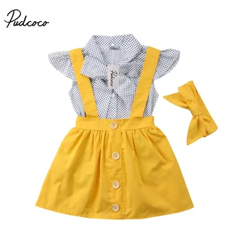 

3Pcs Kids Baby Girls Sleeveless Bow Tie Polka Dot Romper Suspender Skirt Headband Overalls Clothes Set