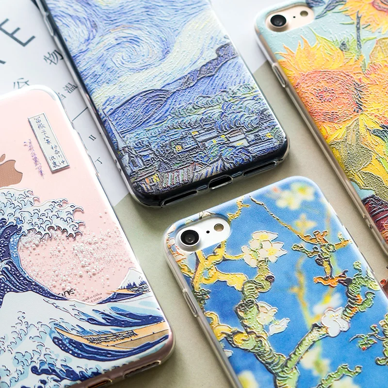 AKI Relief Phone Case for iPhone 6s 6 Plus Case Emboss Artistic Van Gogh Starry Night Soft for iPhone X iPhone 8 7 Plus Case
