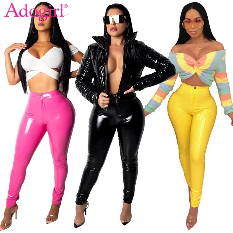 

Adogirl Warm Fleece Thicken PU Leather Pants Solid Highly Stretchy Mid Waist Comfortable Pencil Pants Women Trousers Clubwear