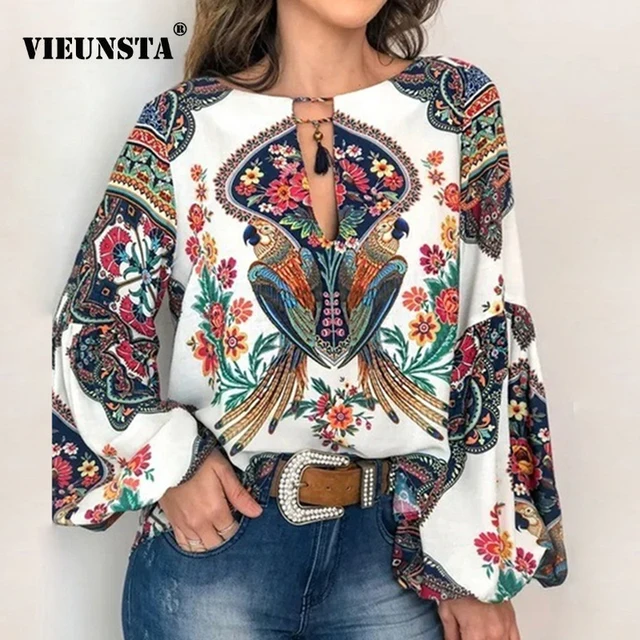 US $10.43 2020 Boho Blouse Elegant Floral Print Lantern Sleeve Shirt Sexy Lace-up Tassel O Neck Women Tops Sp