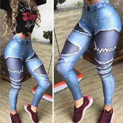 Для женщин 3D печатные поддельные синего джинсового цвета сетки Леггинсы эластичные тренировки Леггинсы Брюки Мода 2018 женские леггинсы
