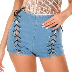 Супер короткие джинсовые шорты бойфренд джинсы для женщин на шнуровке шнурок сексуальные высокая посадка обернутый тонкий Fit шаровары