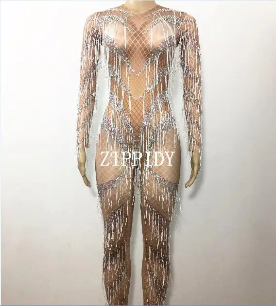 white jumpsuit 2 цвета шрамы дизайн комбинезон яркие Стразы комбинезоны с кисточками Уникальный костюм DJ певица Выпускной праздничный наряд обтягивающий костюм - Цвет: white jumpsuit