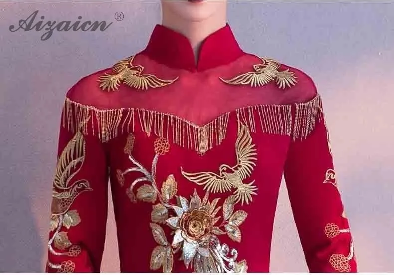 Современные красные с кисточками вышивка Cheongsam Длинные вечерние платья Qi Pao женское традиционное китайское свадебное платье Qipao Акция