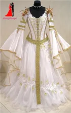 Dubai Muslim White Gold Medieval Wedding Dresses 2017 Long Flare Sleeves Organza Lace Appliques Bridal Gown Robe De Mariage