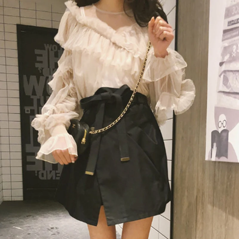 2019 New Sexy Women Two Piece Set Ruffles Chiffon Tops and Bow Short skirt Spring summer Casual Women Elegant Skirt Set 2019 New Sexy Women Two Piece Set Ruffles Chiffon Tops and Bow Short skirt Spring summer Casual Women Elegant Skirt Set