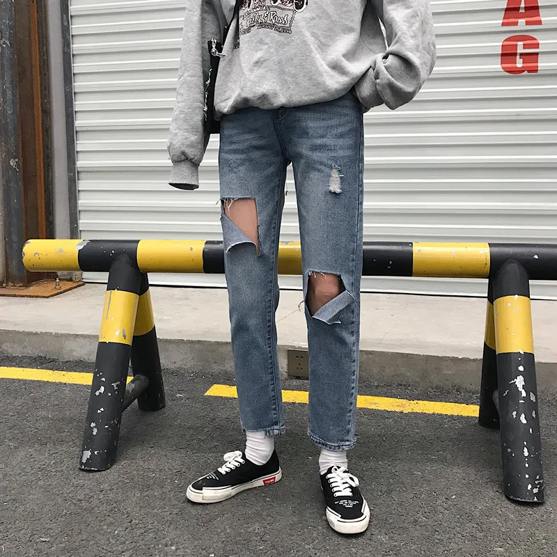 Harajuku потертые и потертые рваные с высокой талией джинсы новые летние модные рваные повседневные джинсы в стиле хип-хоп с прямой с высокой талией