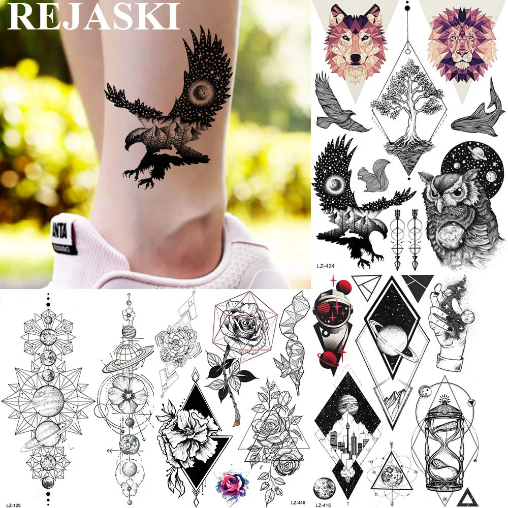 

REJASKI Galaxy Arrow Owl Star Temporary Tattoos For Women Men Sticker Geometric Lion Diamond Black Tatoos Art Custom Tattoo