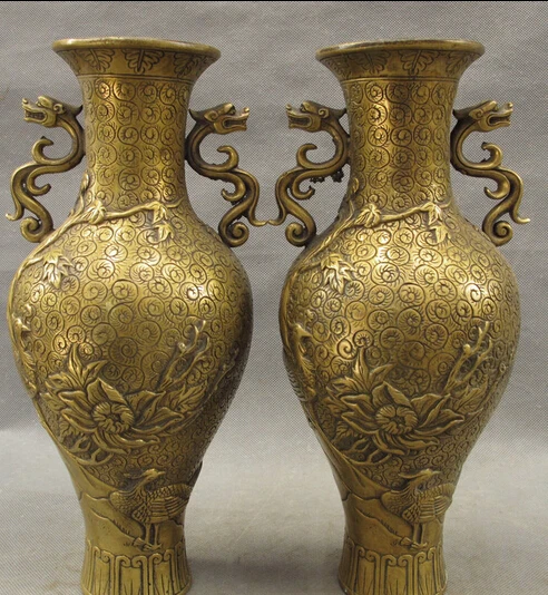 

wholesale factory 12" Chinese Bronze Dragon Unicorn Phoenix Peacock Statue Flower Vase Pot Pair