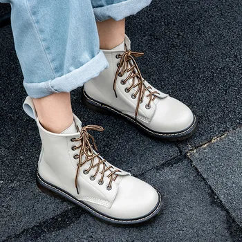 

YMECHIC Autumn 2019 New Arrival Ankle Motorcycle Boots Cross Tied Lace Up Low Heel Knight Black Beige Cow Leather Ladies Shoes