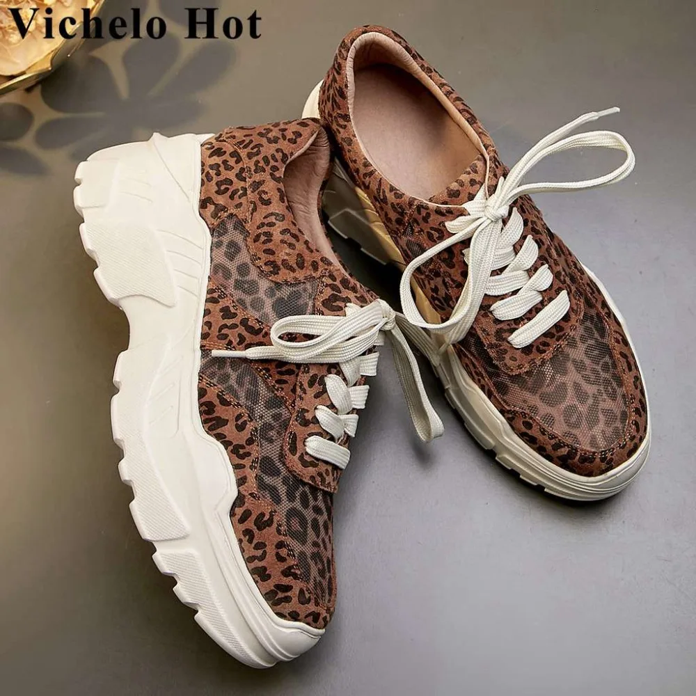 Кроссовки Vichelo L20 из натуральной кожи пикантные удобные сникерсы с леопардовым