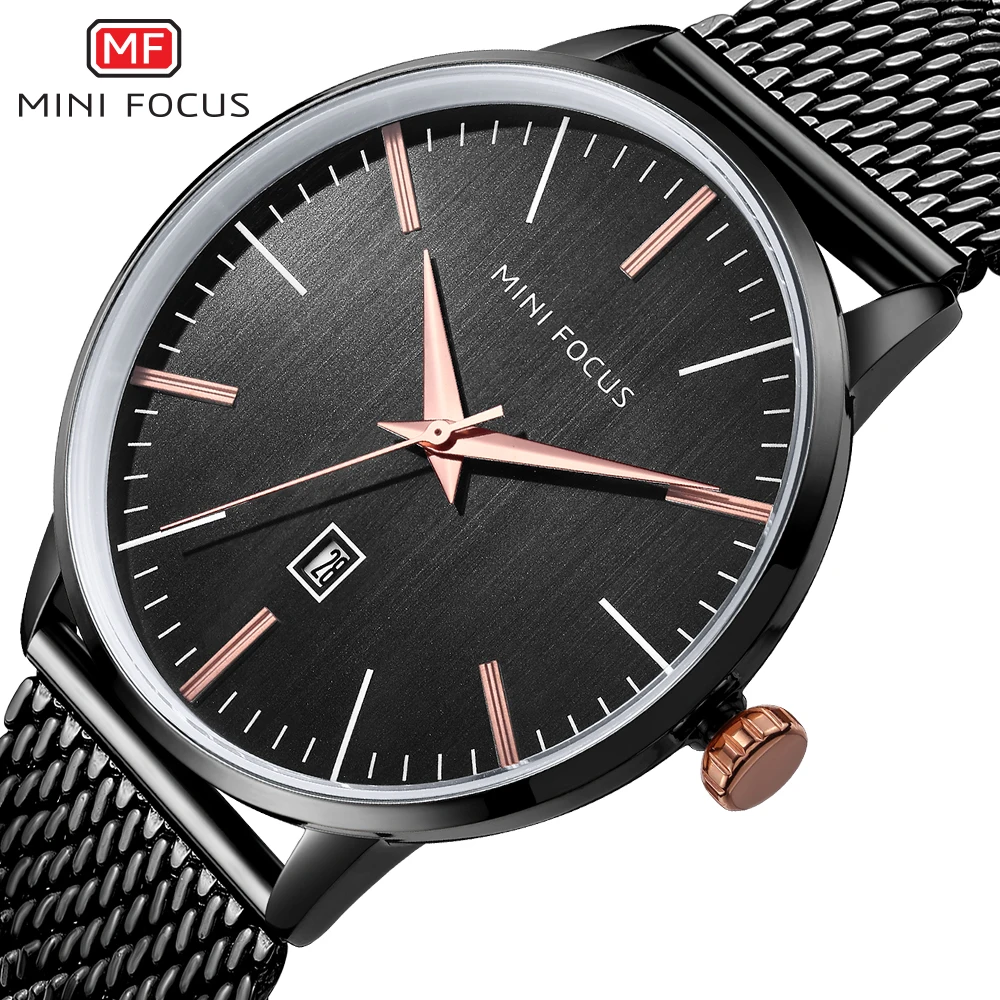 

MINI FOCUS Minimalist Mens Watches Quartz Watch Black Mesh Strap Watch Calendar Simple Design Top Brand Luxury Relogio Masculino