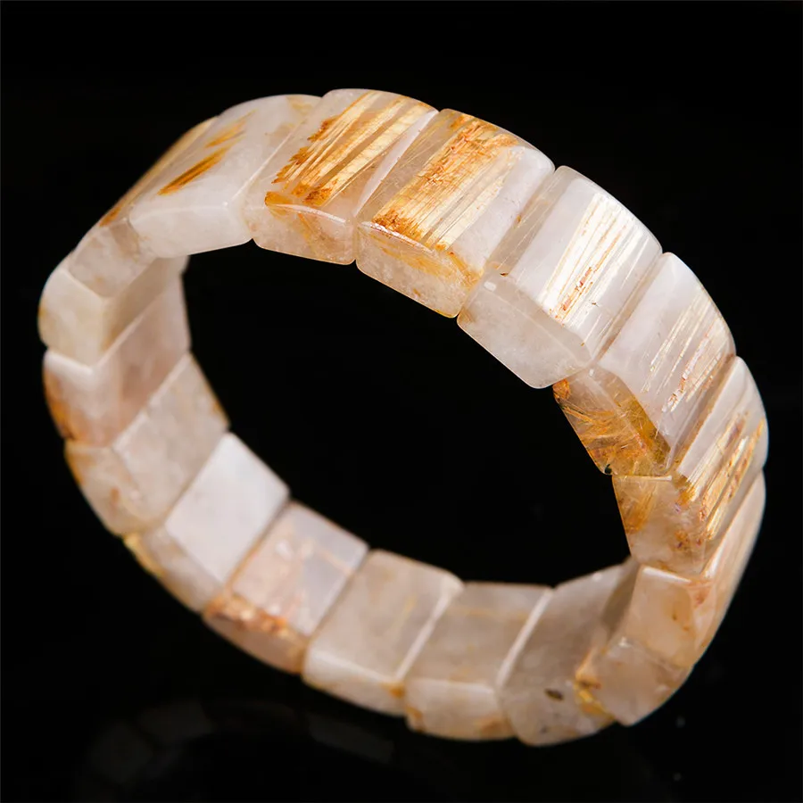 Unique Genuine Natural Gold Rutilated Quartz Bracelet Women Men Crystal Stretch Rectangle Bead Bangle | Украшения и аксессуары