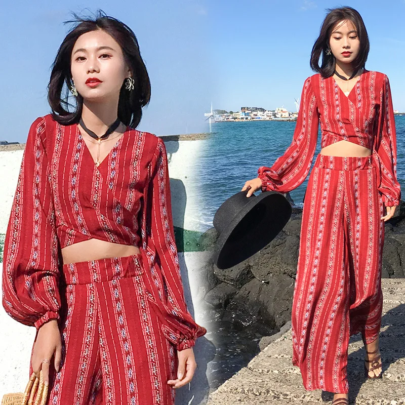 Bohemian Floral Boho Two Piece Set Women Vintage Crop Top and High