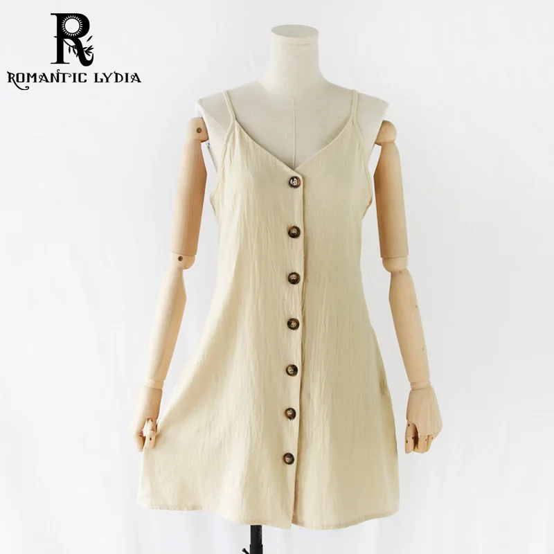 

Women Summer Mini Linen Dress 2019 Sleeveless Spaghetti Strap Button Sexy Backless Short Dress